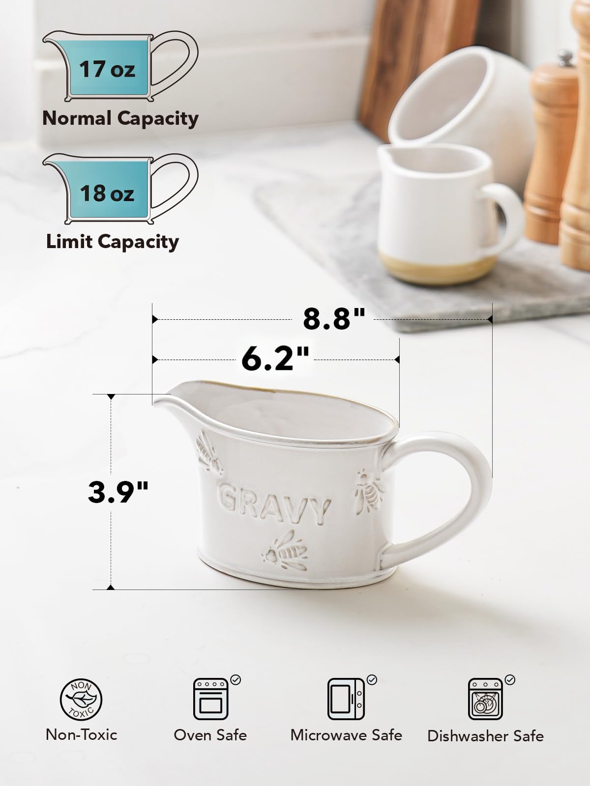 17oz Gravy Boat, Ceramic Sauce Boat for Salad Dressings, Creamer, Broth, Black Pepper, Set of 2, Arctic White, Bee