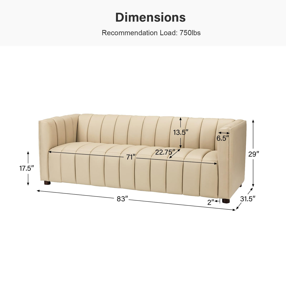 83" Genuine Leather Sofa with Channel Tufted Design, Beige