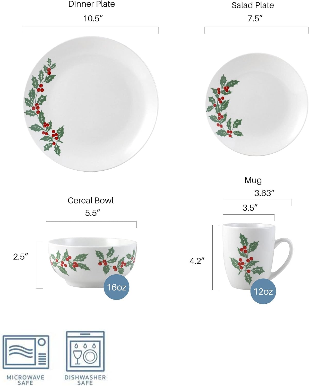 Holiday Cheer 16 Piece Dinnerware Set Service for 4 Multicolor Multi Color Casual Round Porcelain Pieces Microwave