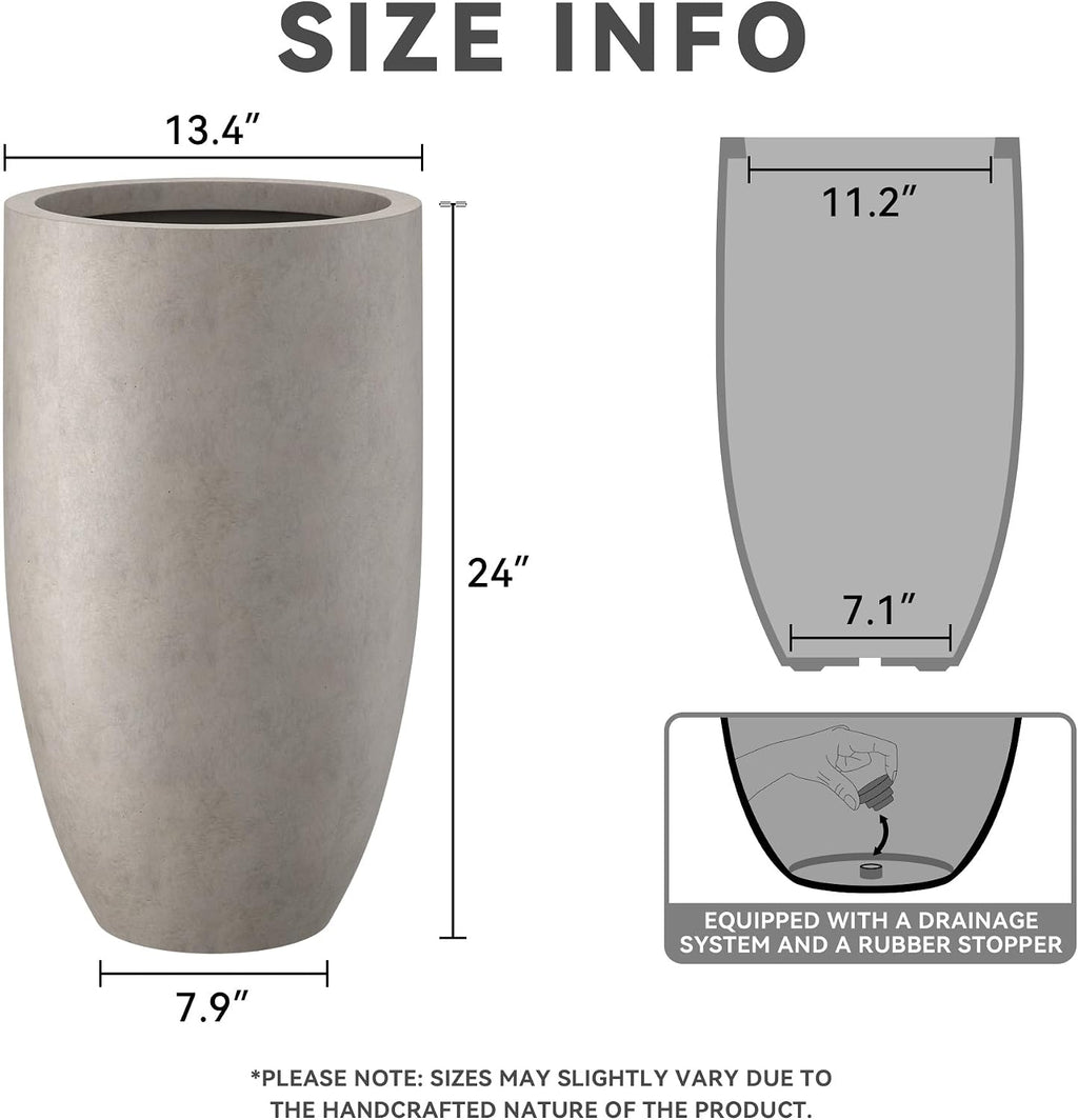 Large Round Tapered Weathered Concrete Planter 24" Tall, Outdoor | Rubber Plug for Indoor, Drainage for Garden