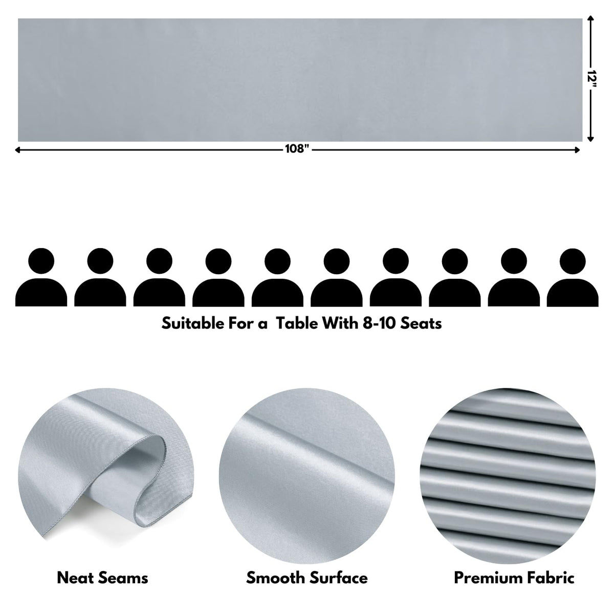 Silver Satin Table Runner, 12x108 Inches, 12 Pack