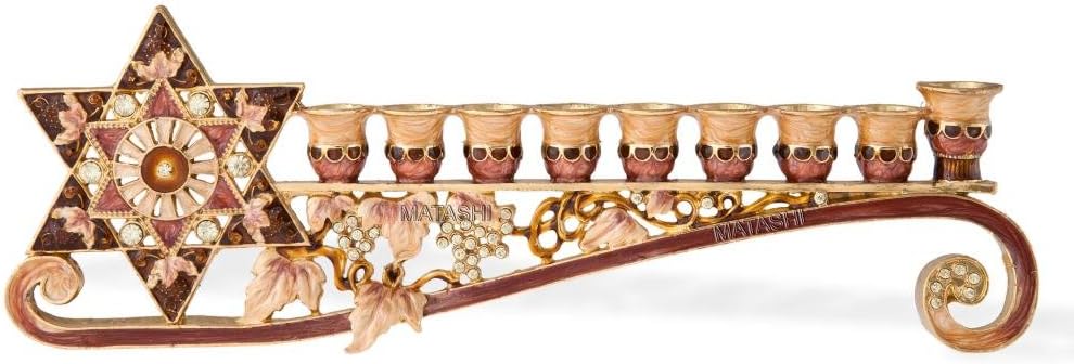 9.25 Inch Long Hand Painted Enamel Candelabra Embellished with a Star of David Design and Embellished with Gold