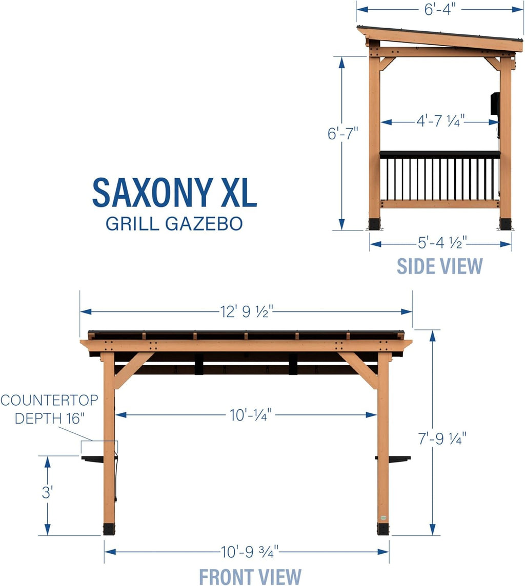 Saxony XL 12' x 6' Cedar Wood BBQ Grill Gazebo Pavilion with Hardtop Galvanized Steel Roof, Bar Tops, Powerport