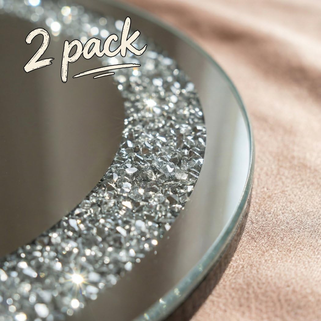 Crystal Crush Diamond Silver Mirror 2 Pack Diameter 12inch Round Shape with Iron Chain Real Glass Mirror for Wall