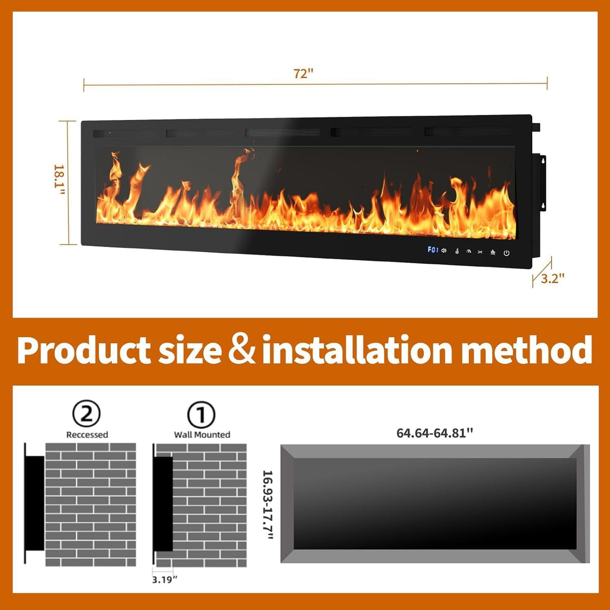 50 Inch Electric Fireplace Insert & Wall Mounted, Smart WiFi/Alexa Control, 1500/750w Heater, 12 Flame Colors, Remote