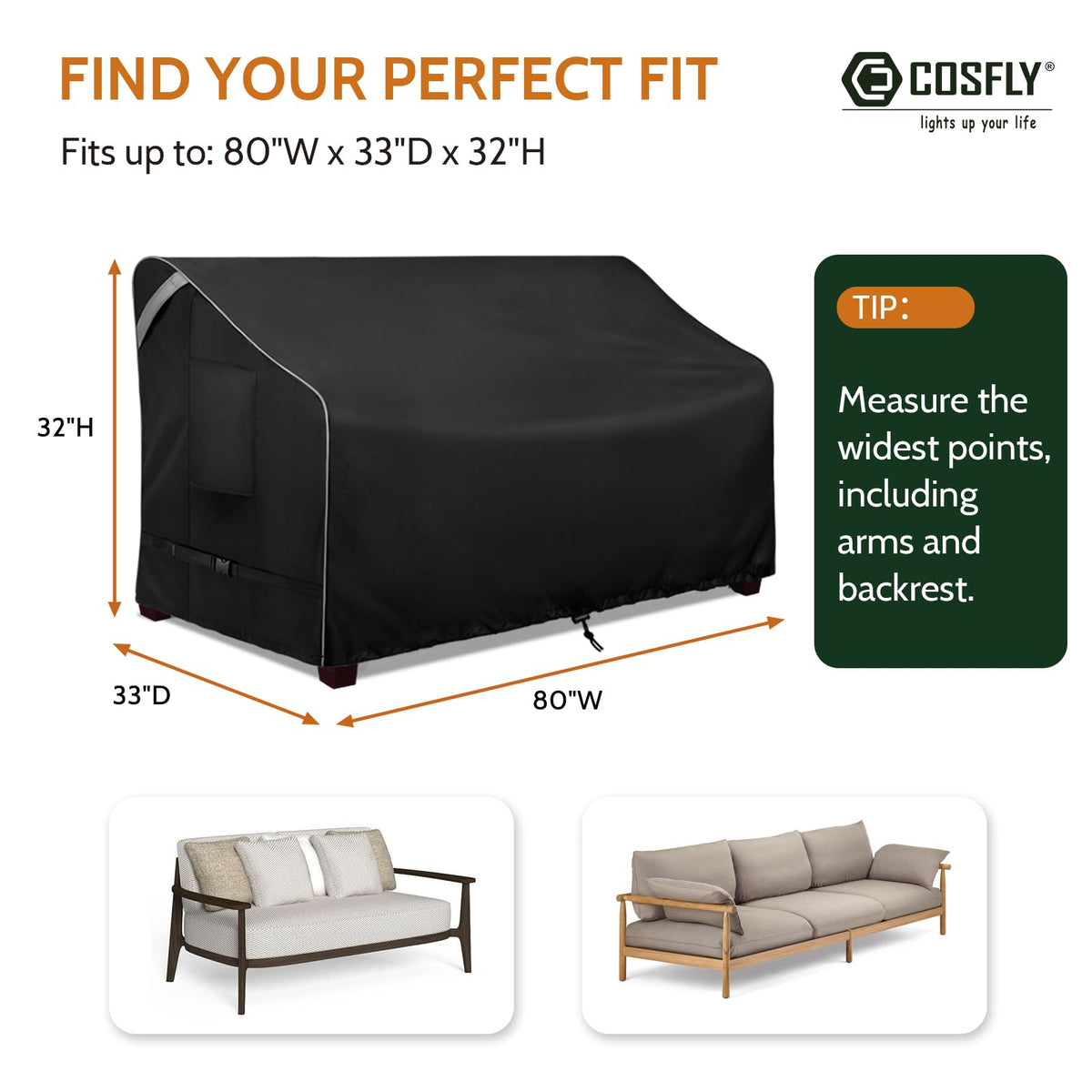 Outdoor Furniture Patio Sofa Cover Waterproof, 80"W x 33"D x 32"H