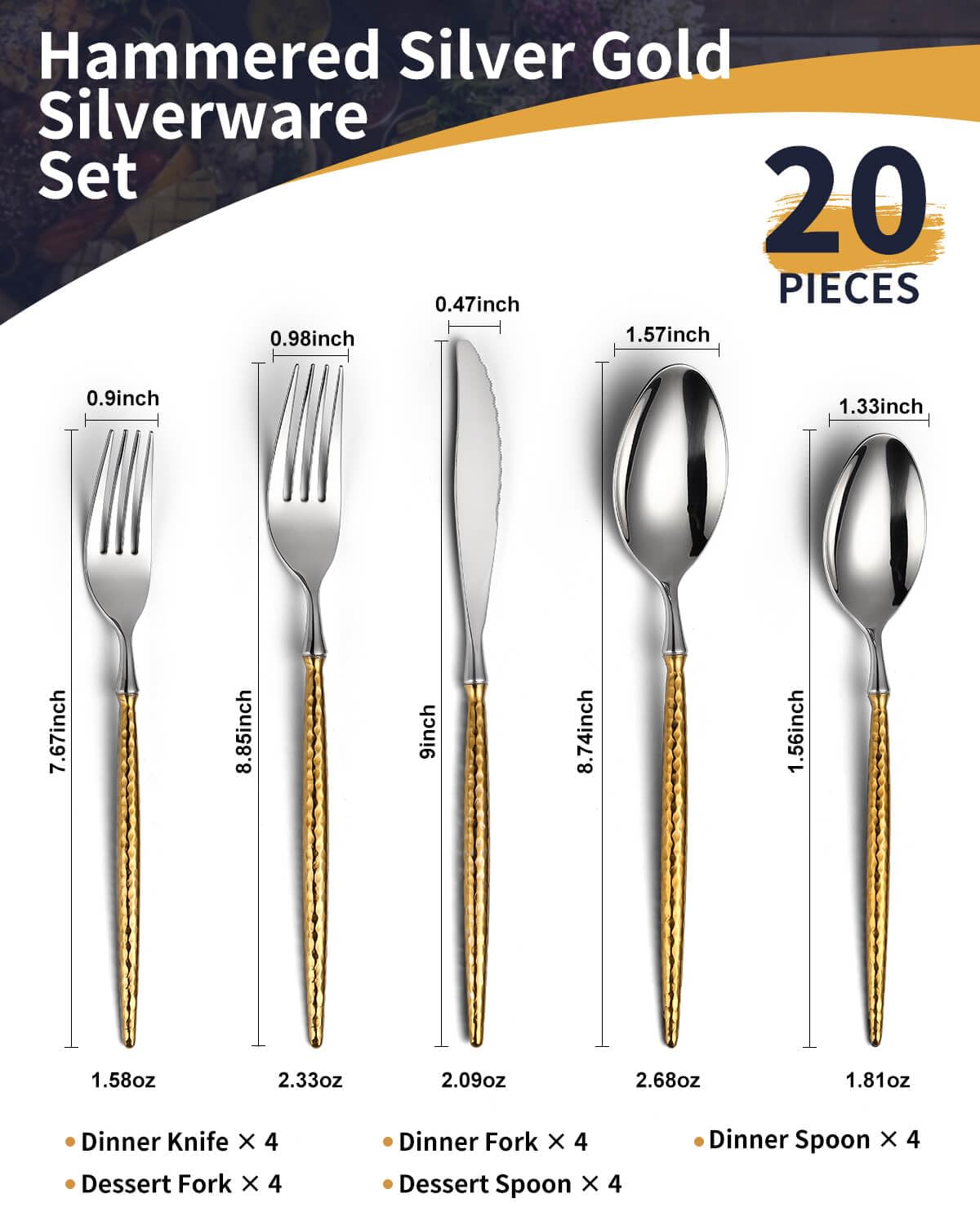 20-Piece Hammered Silver Gold Silverware Set,18/10 Stainless Steel Forging Heavy Duty Cutlery Set for 4, Luxury