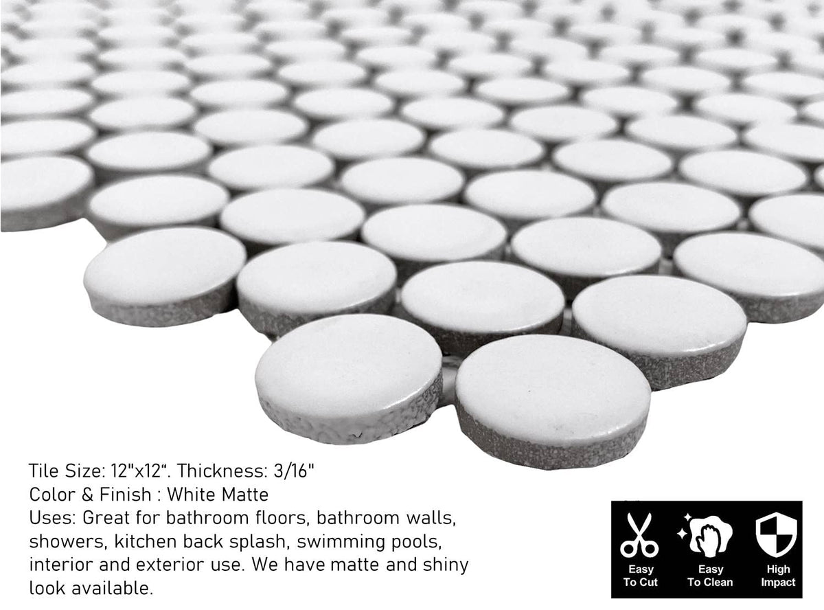 Arctic White Penny Round Porcelain Mosaic Tile - Matte Finish Floor, Kitchen Backsplash, Accent Walls, Shower