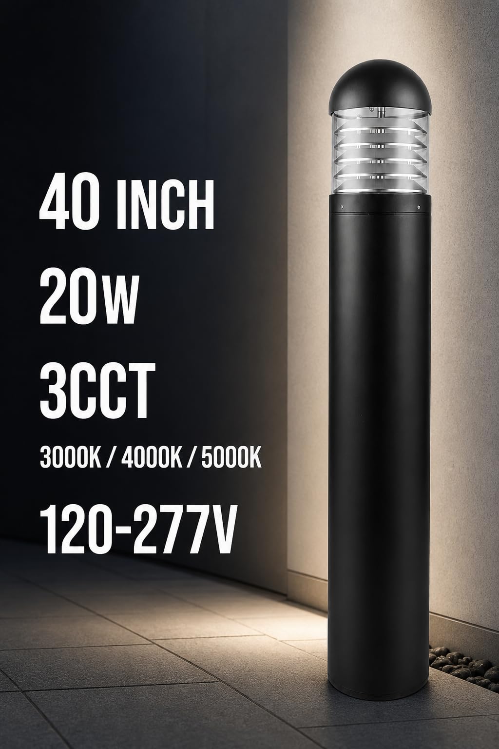 Bollard Light 40", 120-277V, 20W, 3CCT 3000-5000 Kelvin, Louvered Dome