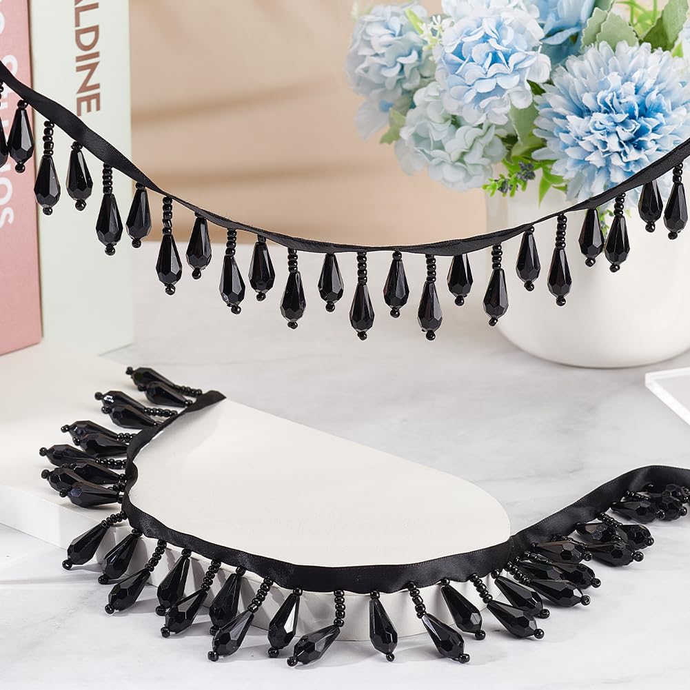 Black Beaded Fringe Trim Decorative Beaded Trim Teardrop Fringe Trims Polyester Bead Tassel Trims for Wedding - 3 Yards