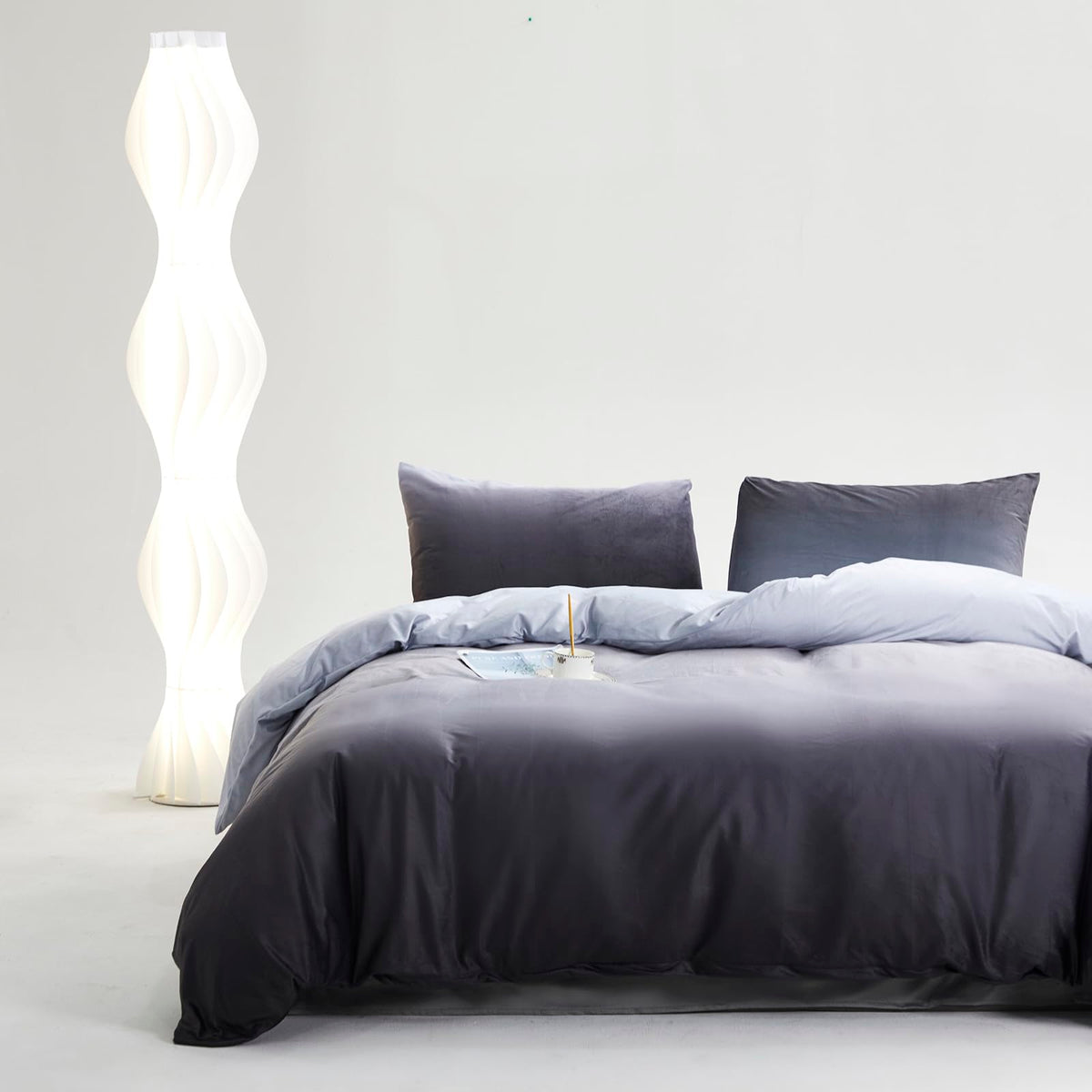 Gray White Gradient Comforter Set Gray Velvet Bedding Comforter Modern Plain White and Deep Gray Gradient Soft