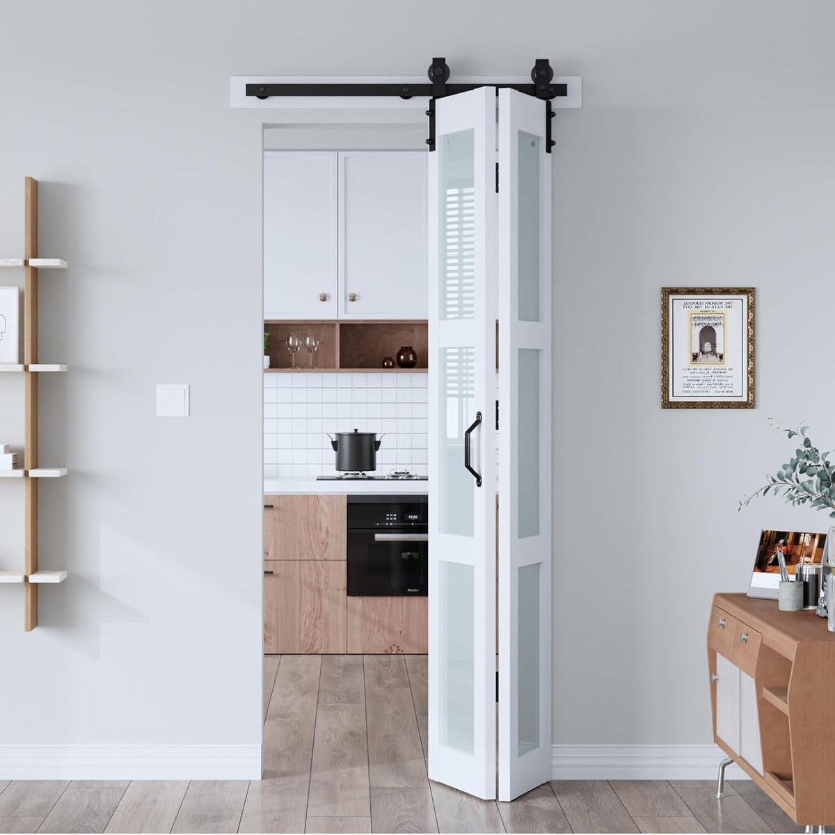 36"x 84" (Double 18" x 84") Bifold Barn Door, Bifold Sliding Barn Door with Hardware Kit, Solid MDF Wood Slab Covered