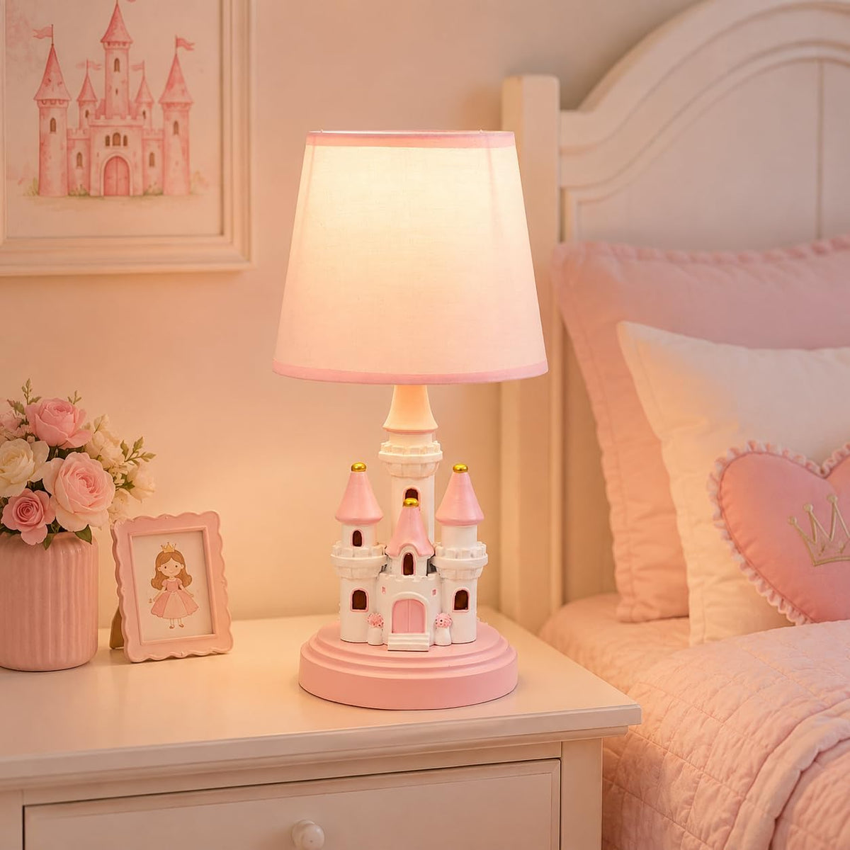 Kids Table Lamp, Adorable 14 Inch Castle Style Kids Desk Lamp, Pink Bedside Lamp Ideal for Girls Bedroom Decor