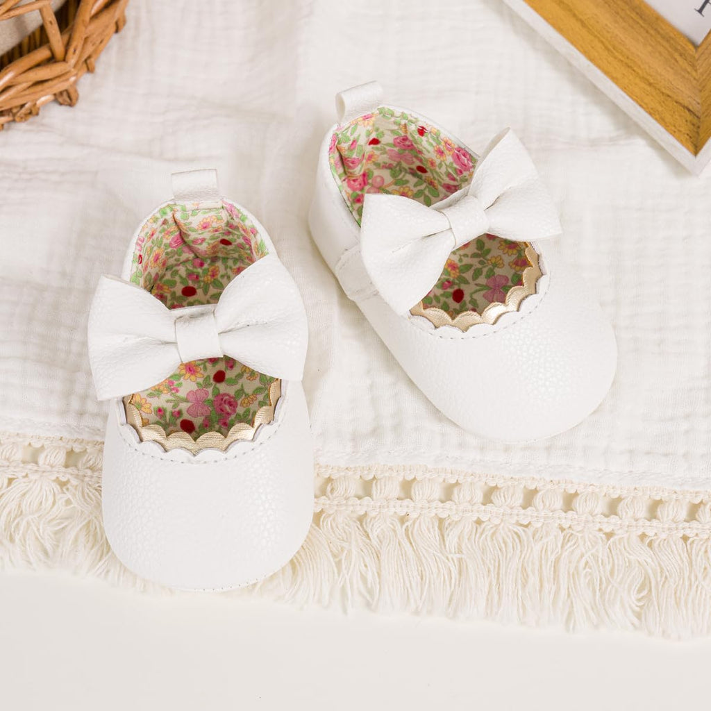 Newborn Baby Girls White Dress Shoes Infant Bowknot Soft Sole Mary Jane Moccasins Baptism Christening Crib Shoes