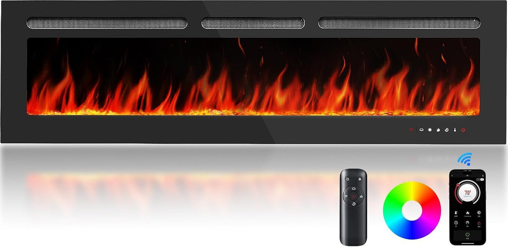 60-Inch Smart Electric Fireplace, Ultra-Slim Wall-Mounted or Recessed Fireplace Heater with 1400W Heat, WiFi App &