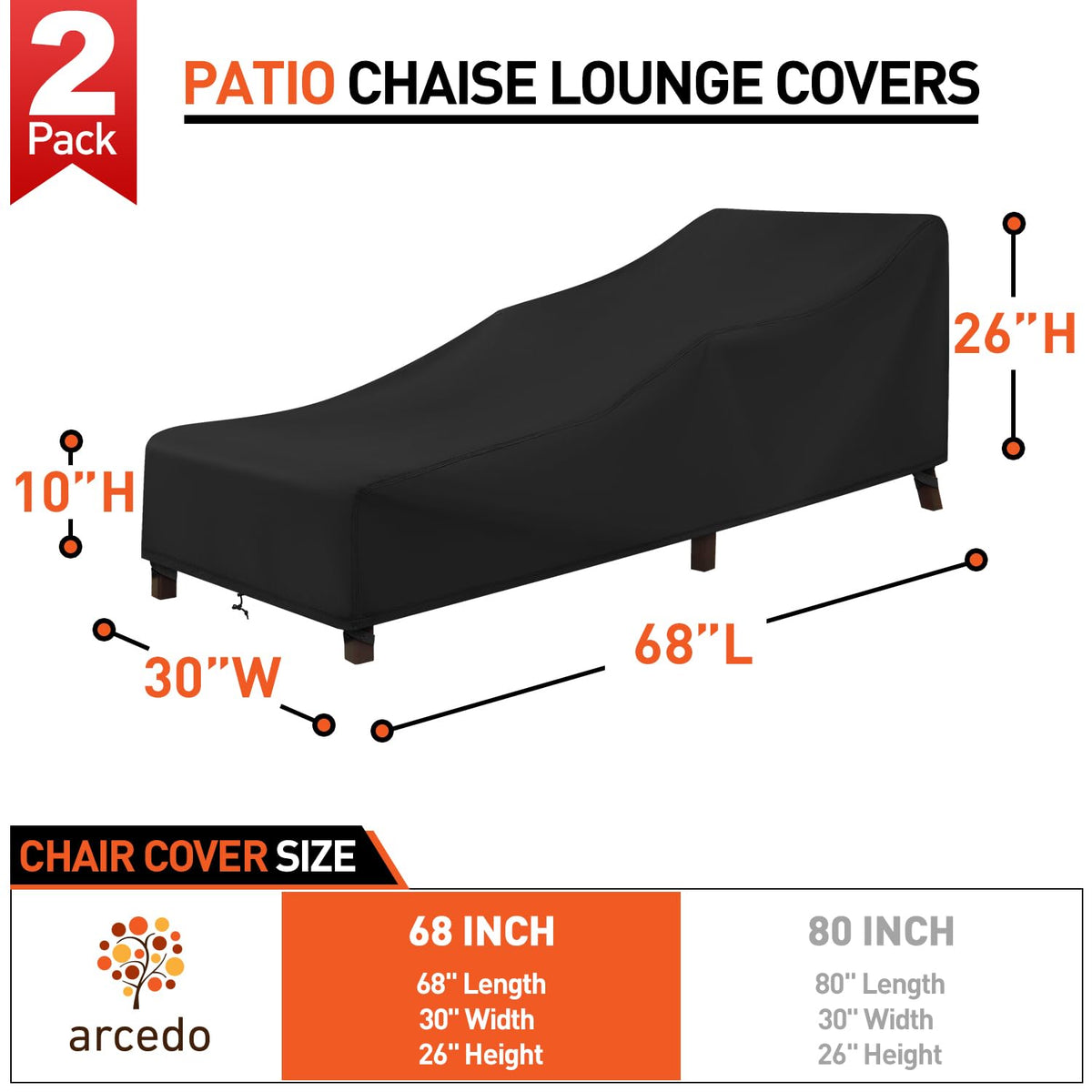 Outdoor Chaise Lounge Chair Cover 2 Pack, 68" x 30" x 26" H, Black