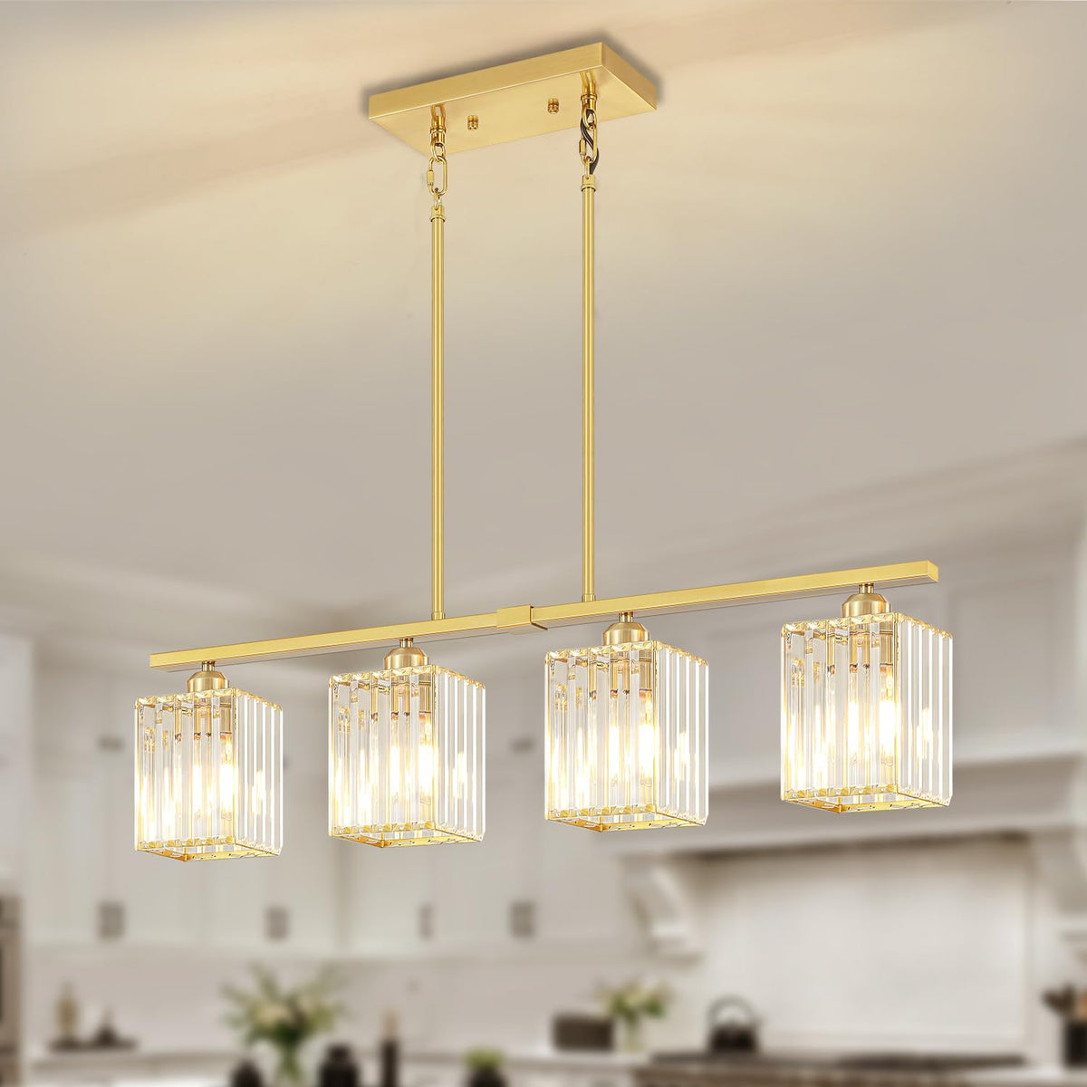 31.89" Brushed Gold Linear Chandelier Crystal Island Lights