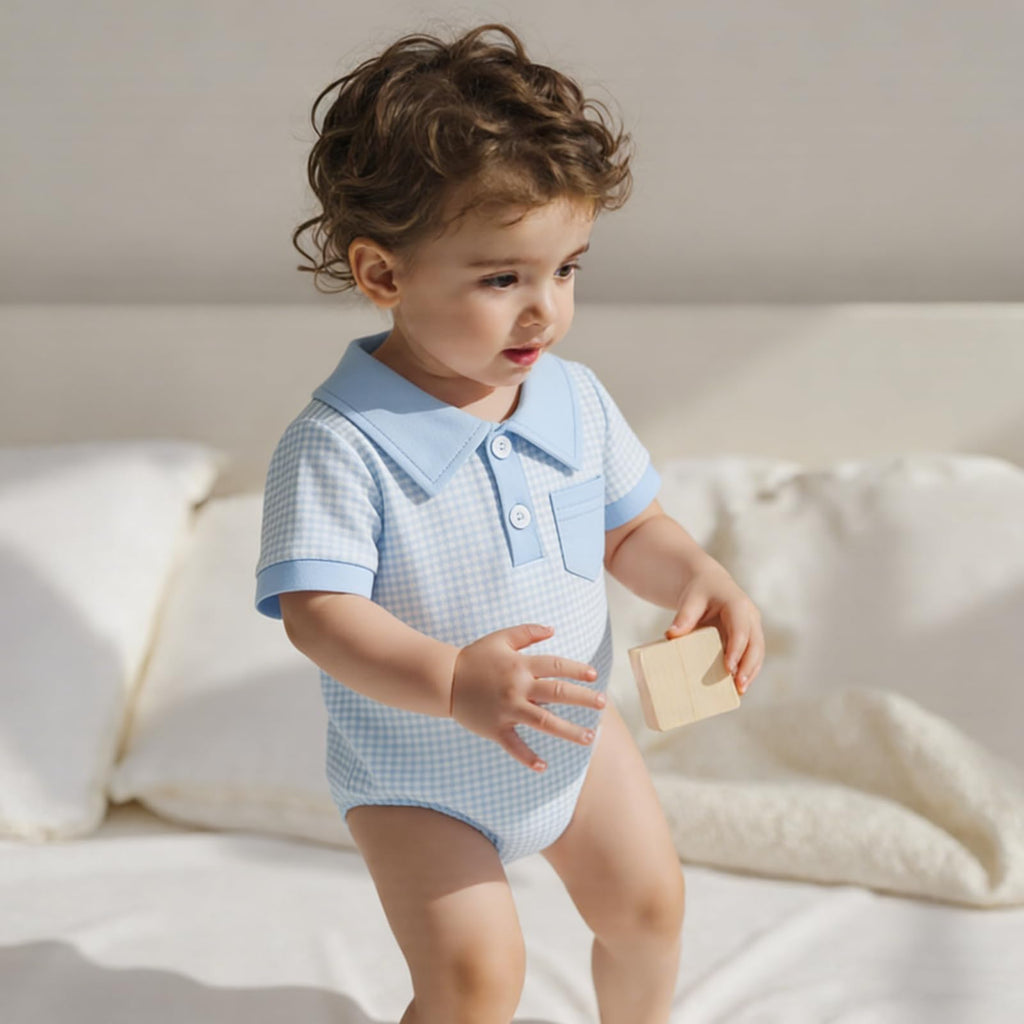 Newborn Baby Boy Summer Clothes Short Sleeve Lapel Button Romper Up Loose Fit Plaid Jumpsuit Bodysuit Boy Outfit