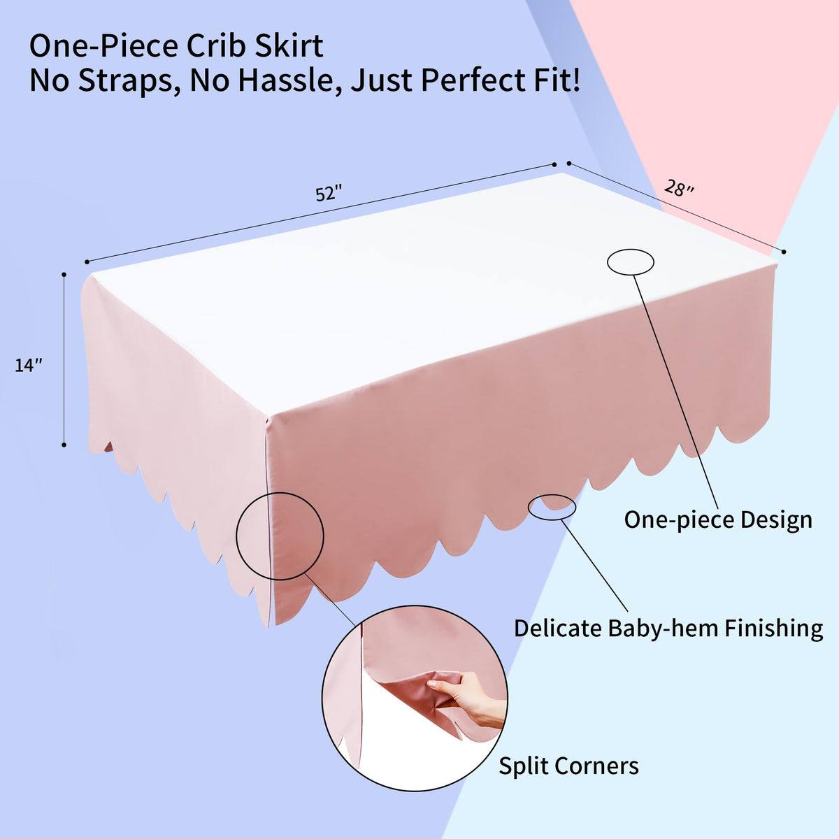 100% Cotton Scallop Edge Crib Bed Skirt, 28"x 52" with 14" Drop, 4-Sided Soft Breathable Cotton Bedding Skirt for