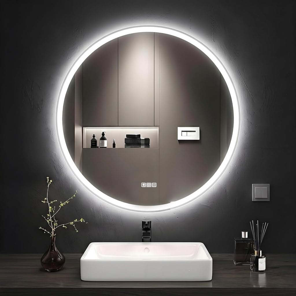 24 inches Round LED Bathroom Mirror with Lights, Anti-Fog, Dimmable, Backlit + Front Lit, Lighted Bathroom Vanity