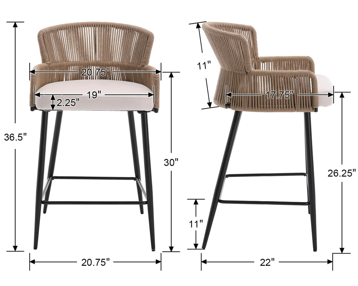 Farmhouse Woven Bar Stool, 26 Inch Linen Upholstered Rattan Barstool with Curved Backs, Modern Cane Counter Height