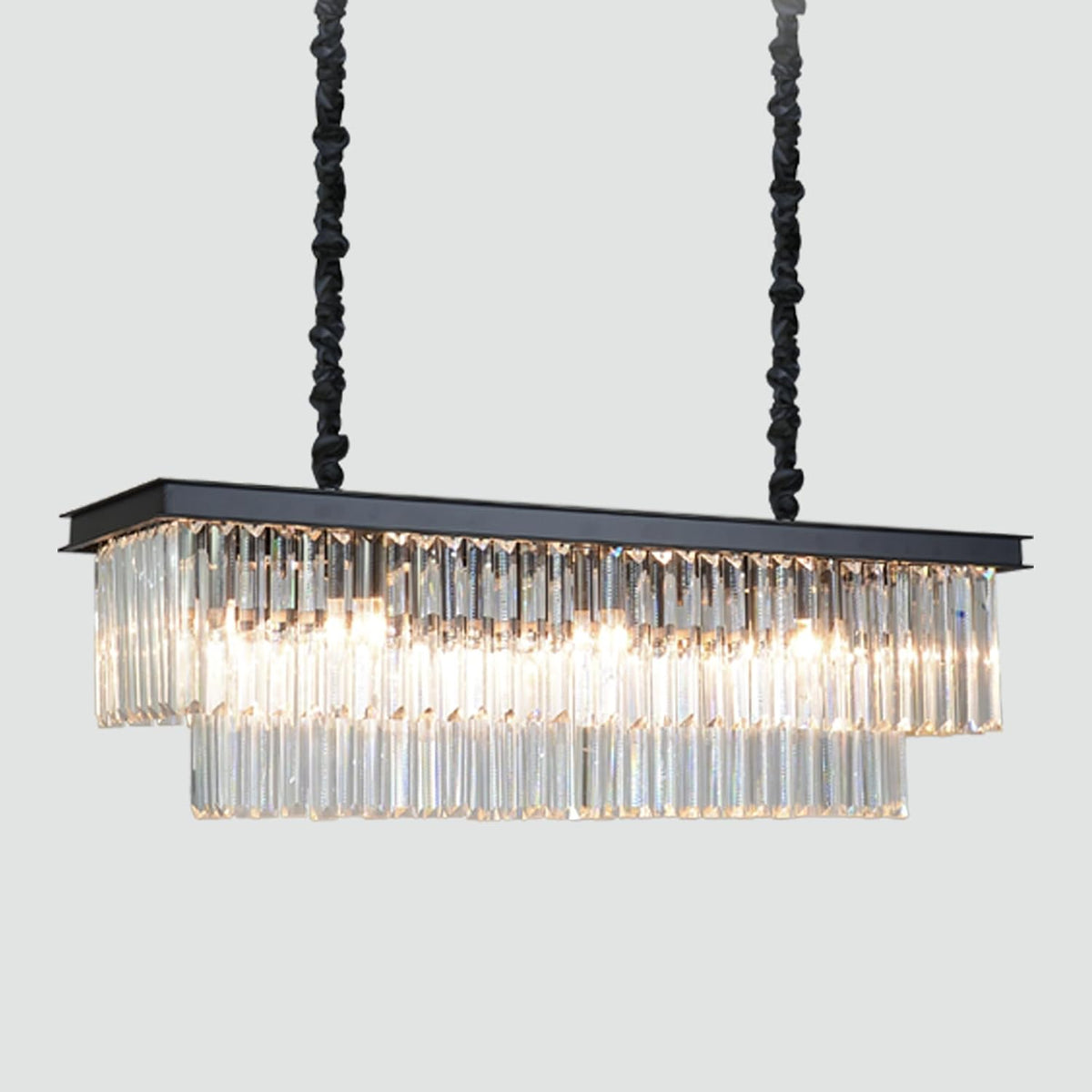 12-Light Black Rectangular Crystal Chandelier, Modern Linear Fixture for Dining