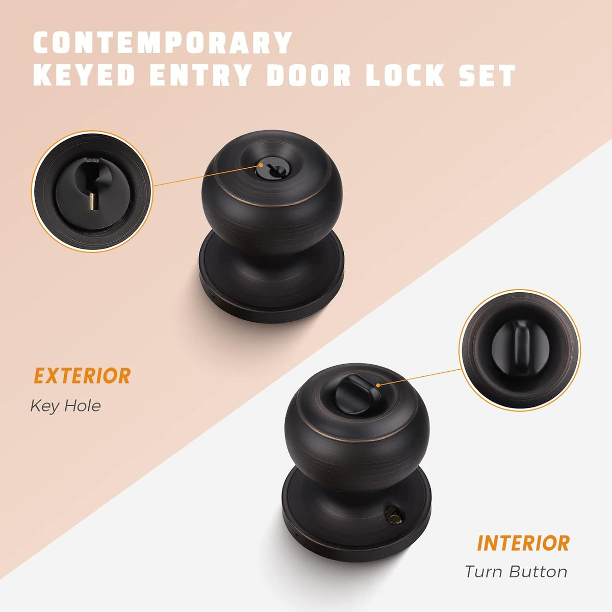 6 Pack Keyed Alike Exterior Door Knobs With Oil Rubbed Bronze Finish, Entry Bedroom Lock and Key, Entrance Set