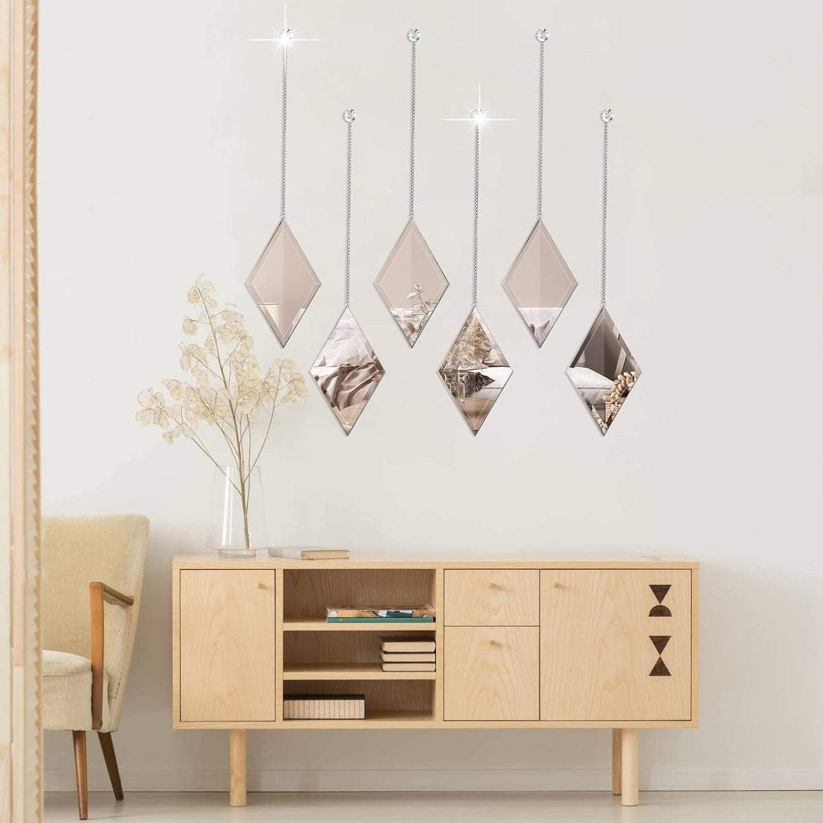 Diamond Wall Mirror Set of 6 Pcs, Silver Wall Decor Mirrors Small Glass Decor Wall Mirrors Decoration