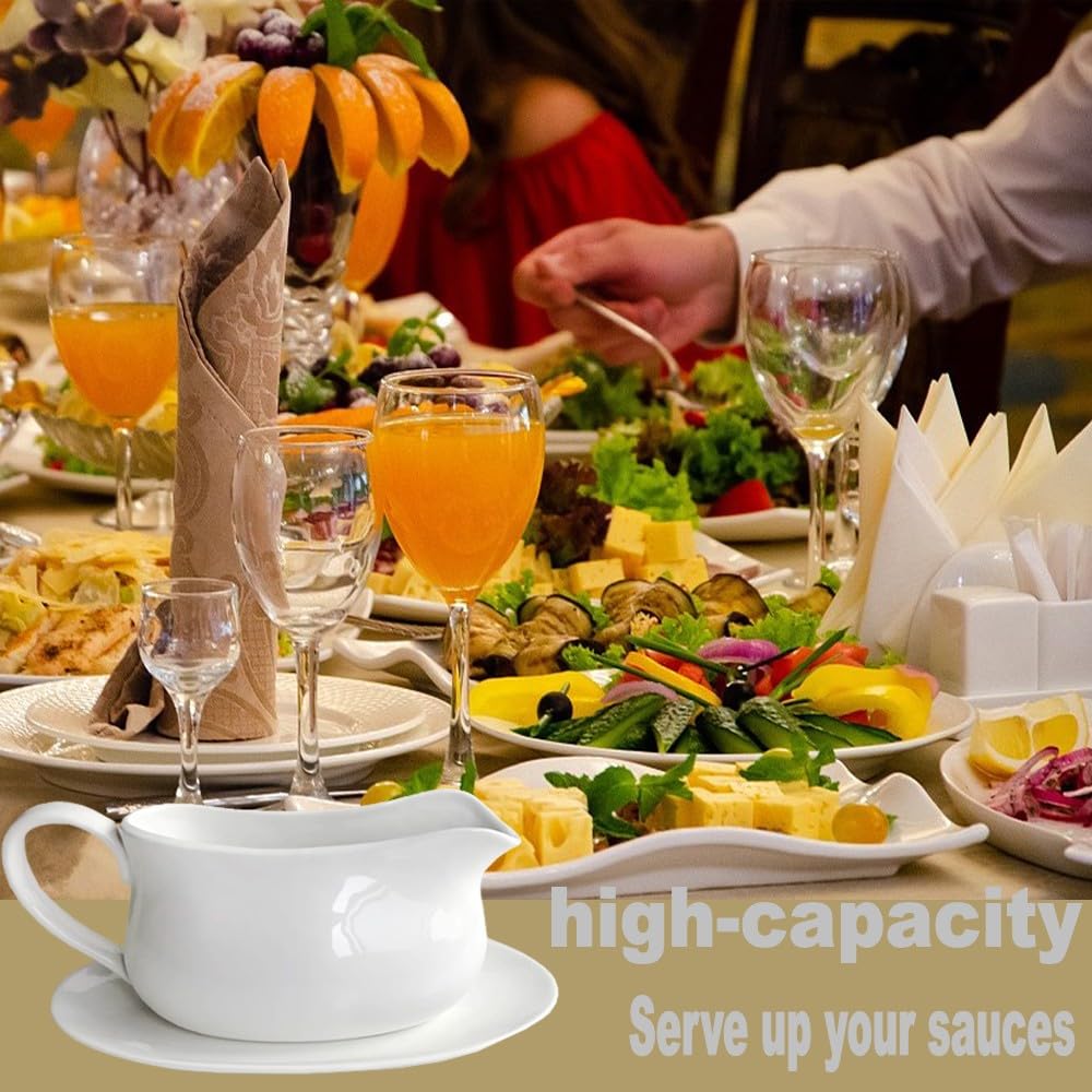 Large 17 Oz Gravy Boat and Tray White Fine Porcelain Saucier With Big Dripless Lip Spout For Gravy, Warming Sauces