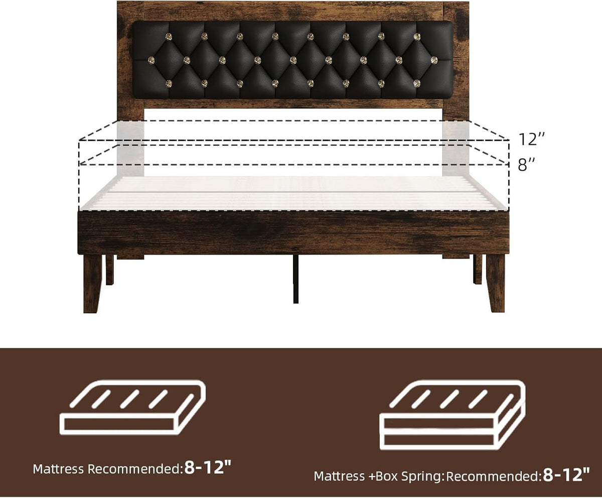 Wood Bed Frame with Diamond Tufted Headboard, Walnut