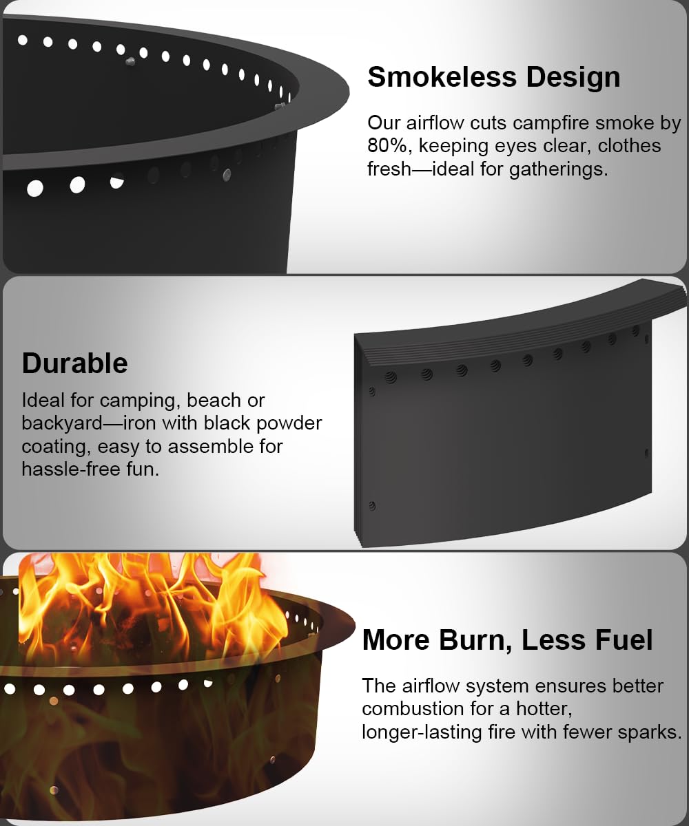36 Inch Smokeless Fire Pit Ring Insert Firepit Kit Outdoor, Black