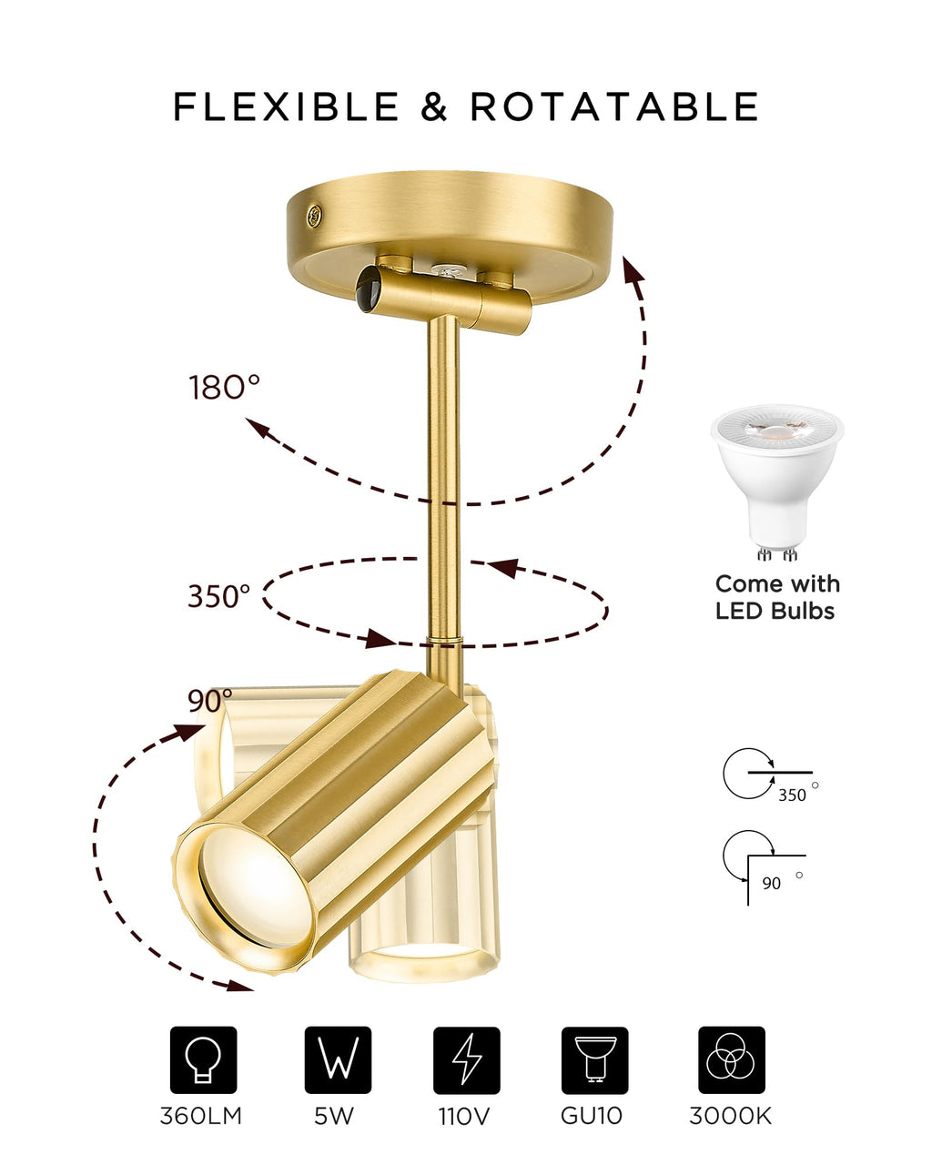 LED Track Lighting Fixtures, Bulb Included, Brushed Gold