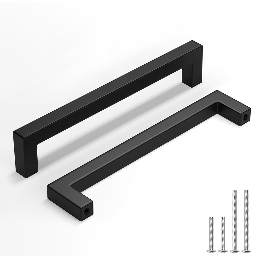 30 Pack Black Cabinet Handles, 6-5/16 Inch(160 mm) Hole Centers Cabinet Pulls, Matte Black Square Drawer Dresser