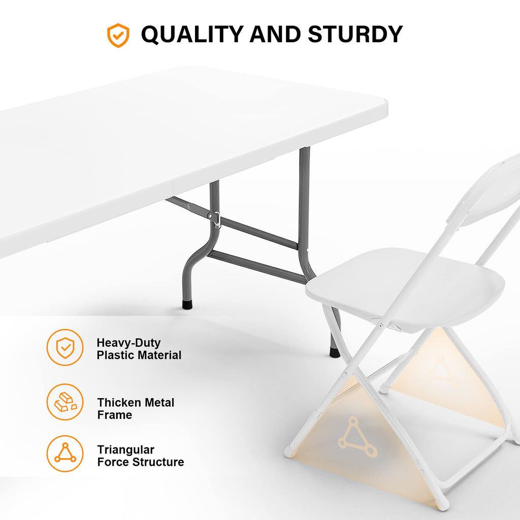 6 FT Plastic Folding Table Set with 8 White Folding Chairs for Picnic, Event, Training, Outdoor Activities, at Home