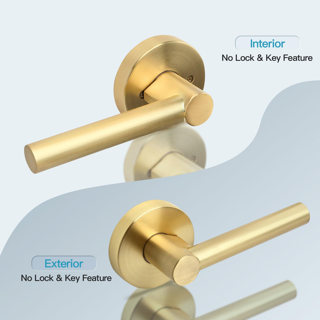 Brushed Gold Keyless Passage Door Lever, Heavy Duty Gold Interior Door Handle, Round Non-Locking Door Lock or Closet