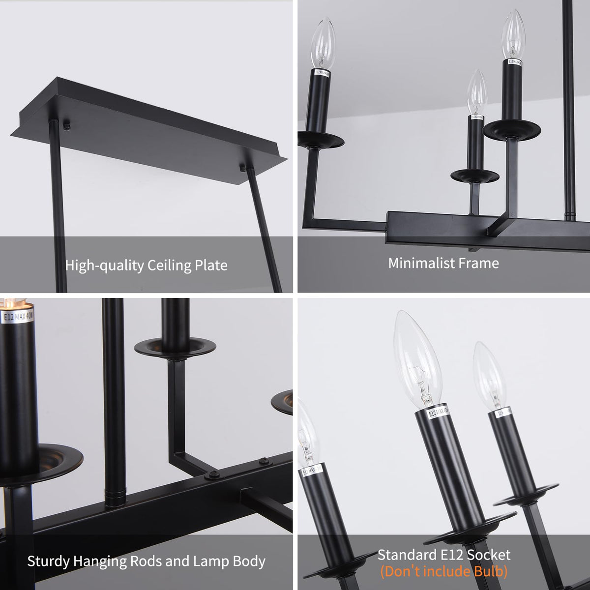 Rustic Black Linear Chandelier,Extra Long Candle Chandelier,Black Light Fixture Living Room Kitchen Island