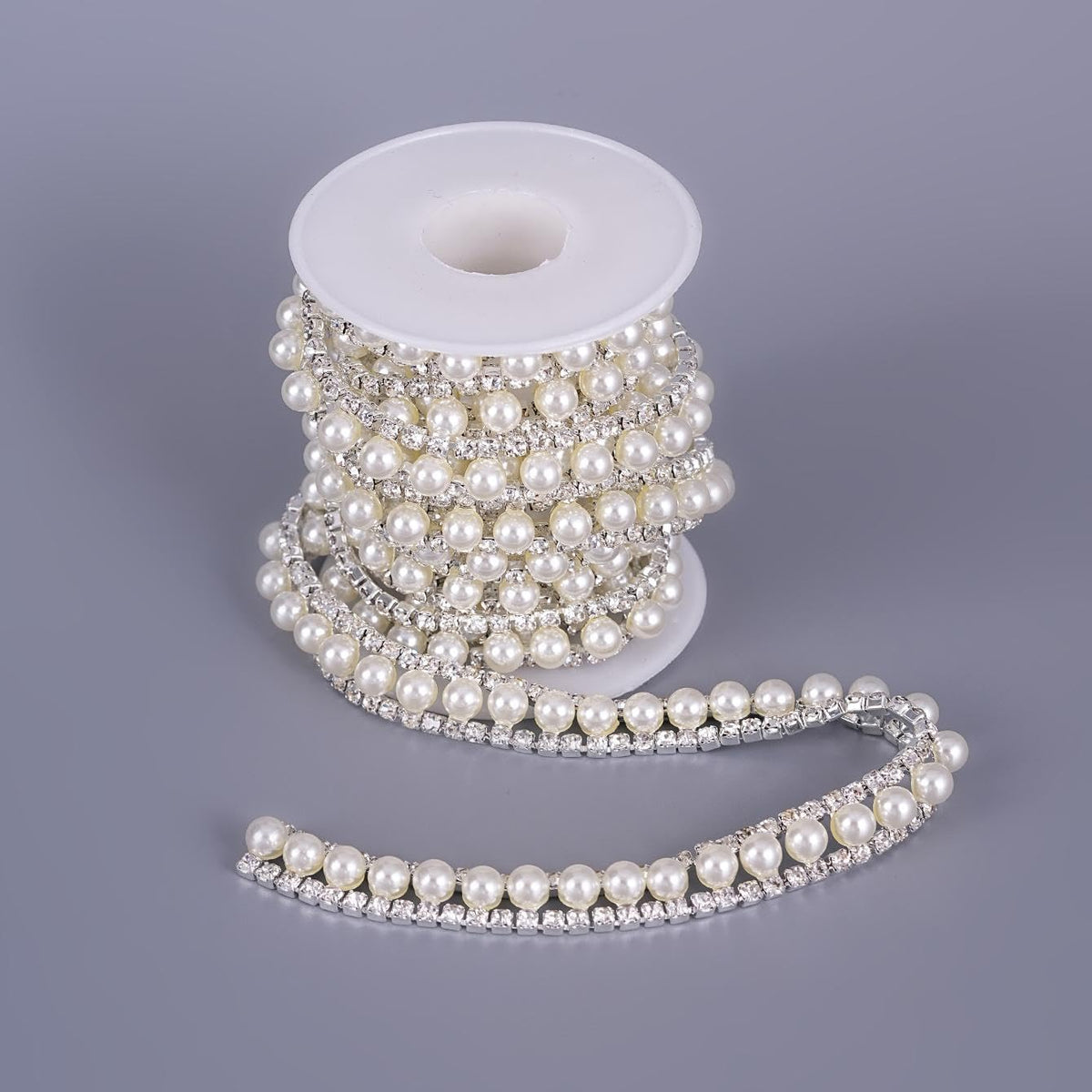 2 Rows Rhinestone Trim, Crystal Chain Inlaid White Pearl Beaded - 2 Yard