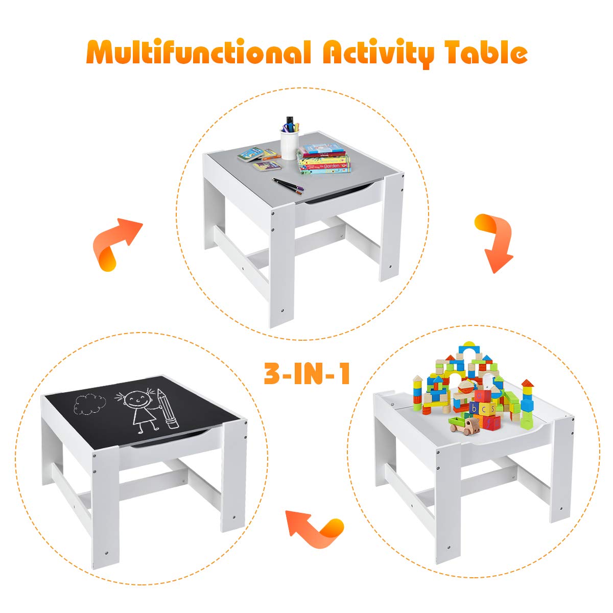 Toddler Table and Chair Set, 3-in-1 Wooden Kids Table with Storage