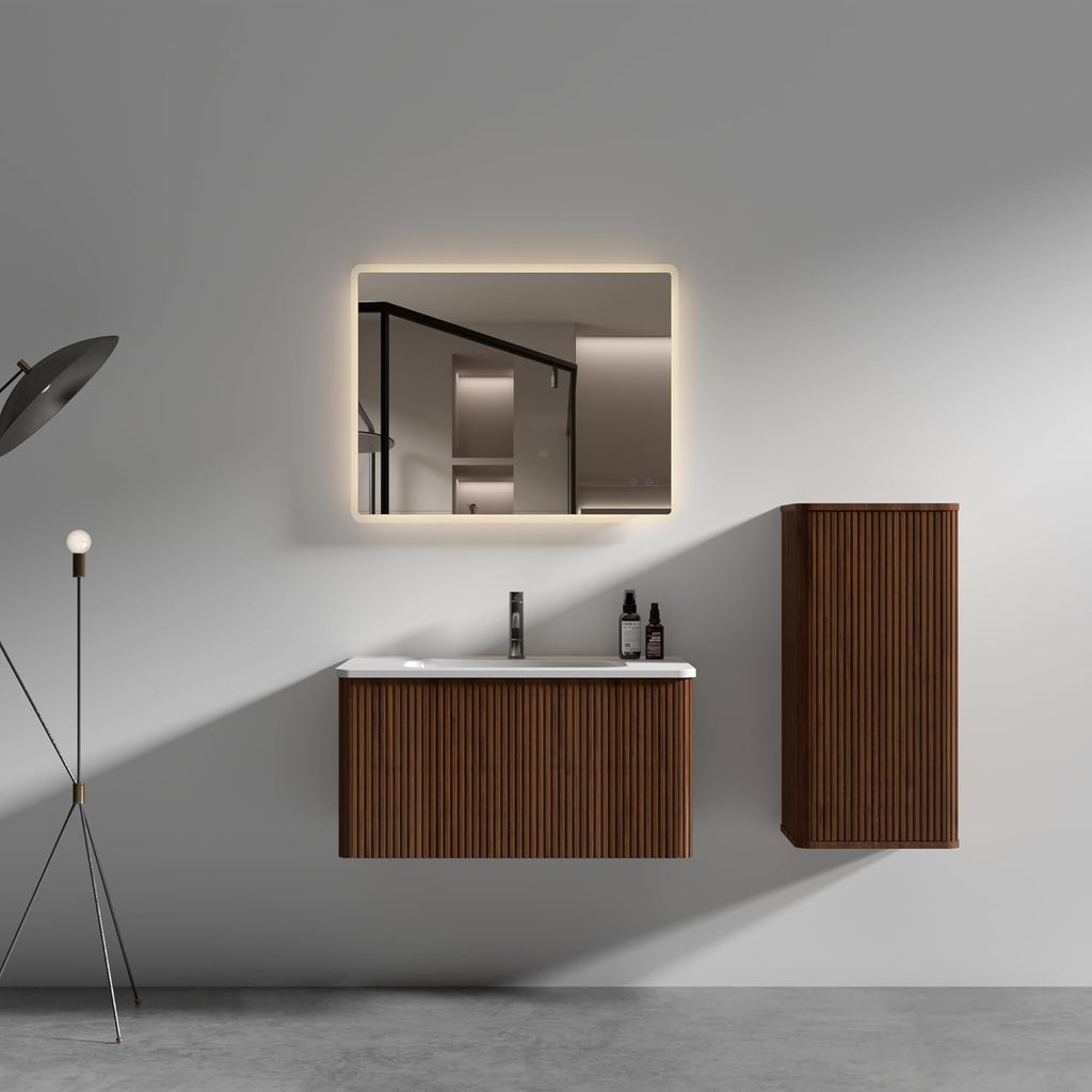30" Wall-Mounted Floating Bathroom Vanity with Sink, Large Storage Cabinet, One-Piece Basin with Overflow, Modern Brown Walnut