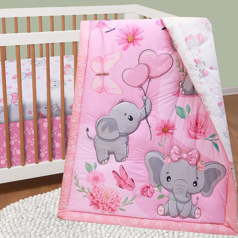 Baby Girl Crib Bedding Set Pink Elephant Crib Nursery Comforter Bed Sets Decor with Fitted Crib Sheet, Comforter and