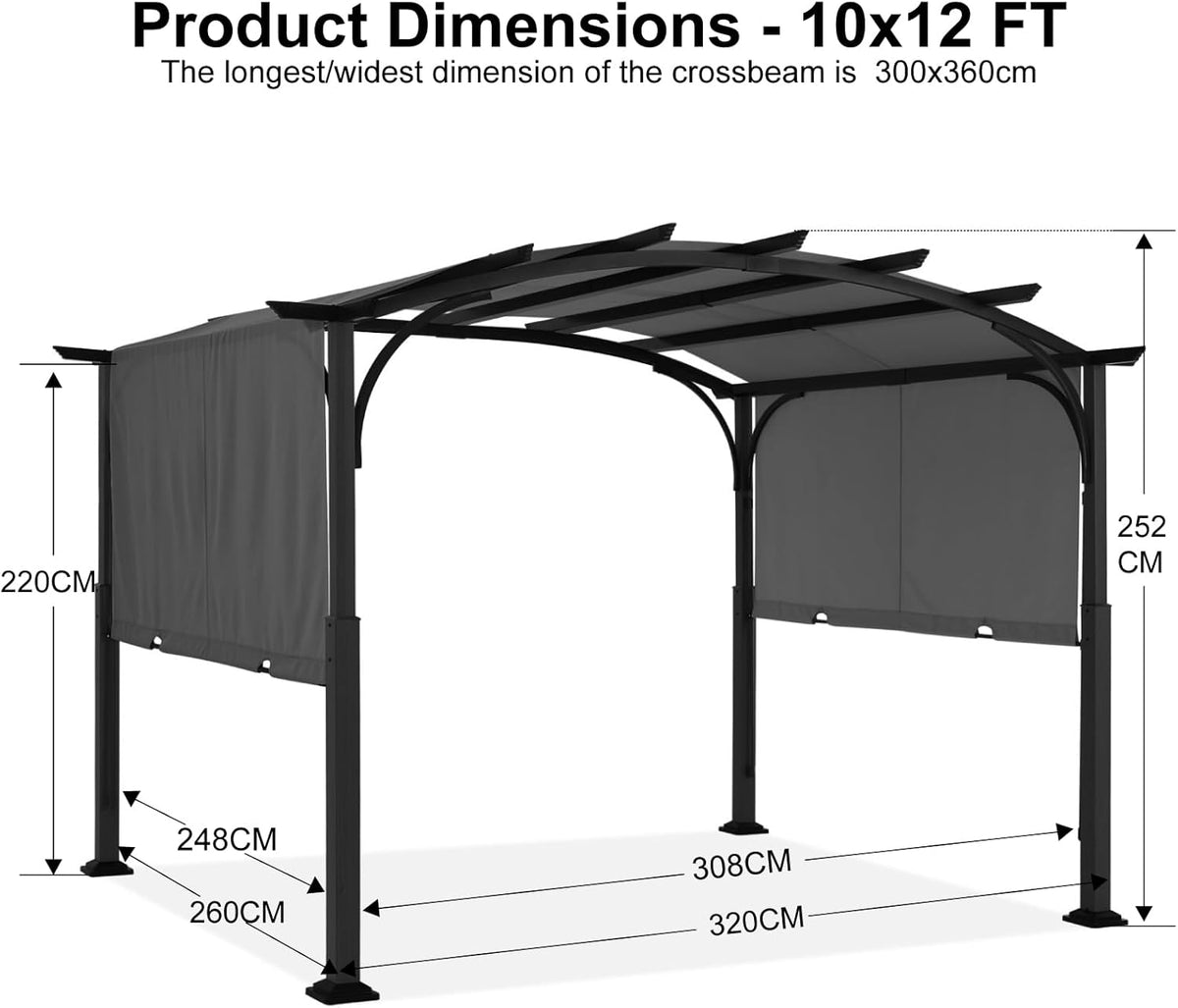 Outdoor Pergola 10'x12', Arched Patio Gazebo with Retractable Sun Shade, Dary Gray