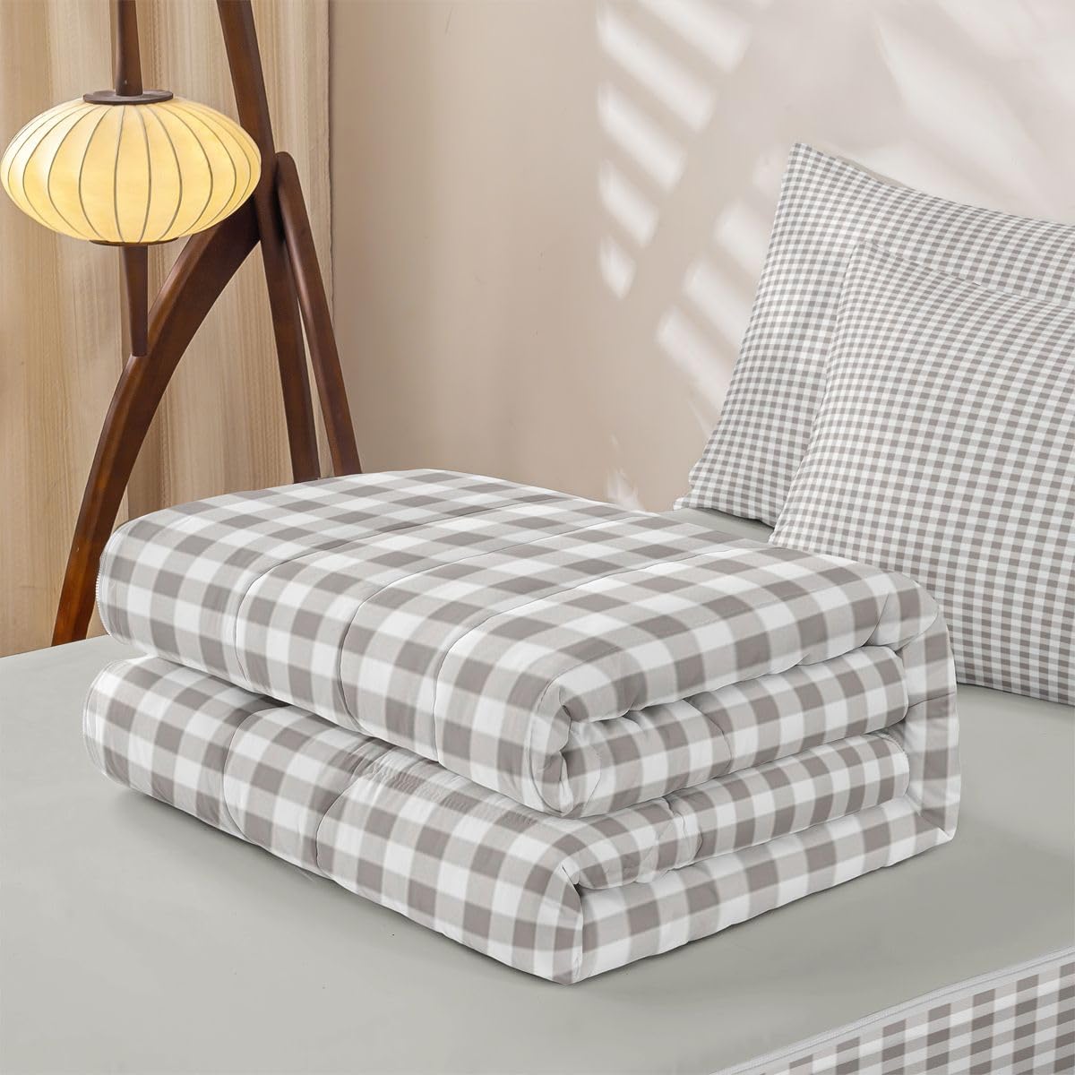 Grey Plaid Checkered Zipper Bedding Set