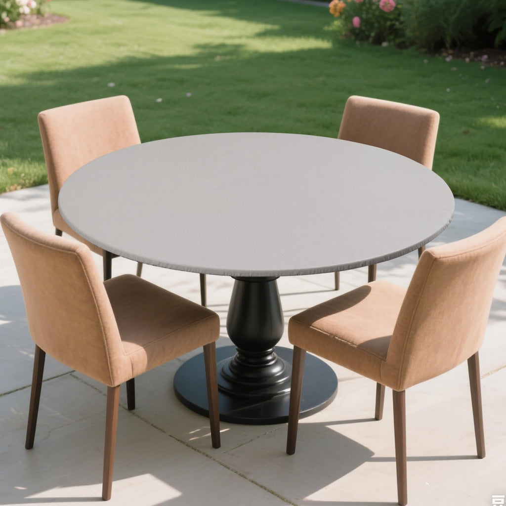 Light Gray 63"-67" Elastic-Fitted Round Flannel-Backed Vinyl Tablecloth