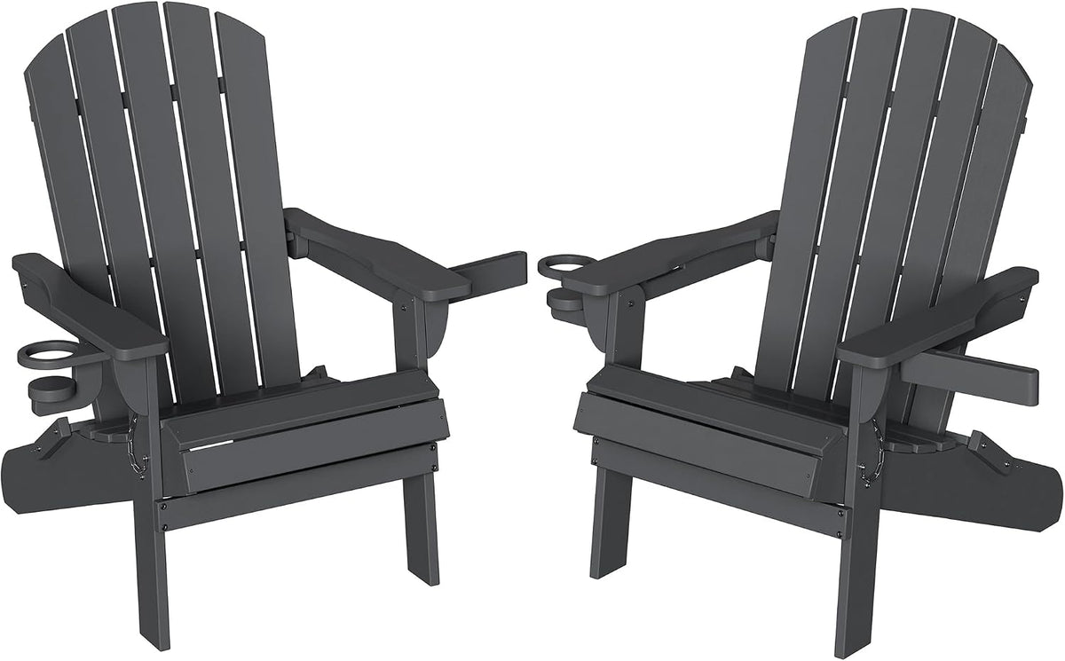 Folding Adirondack Chairs Set of 2,HDPE All-Weather Patio Chairs with Cup Holder & Phone Holder,Wooden Textured Fire