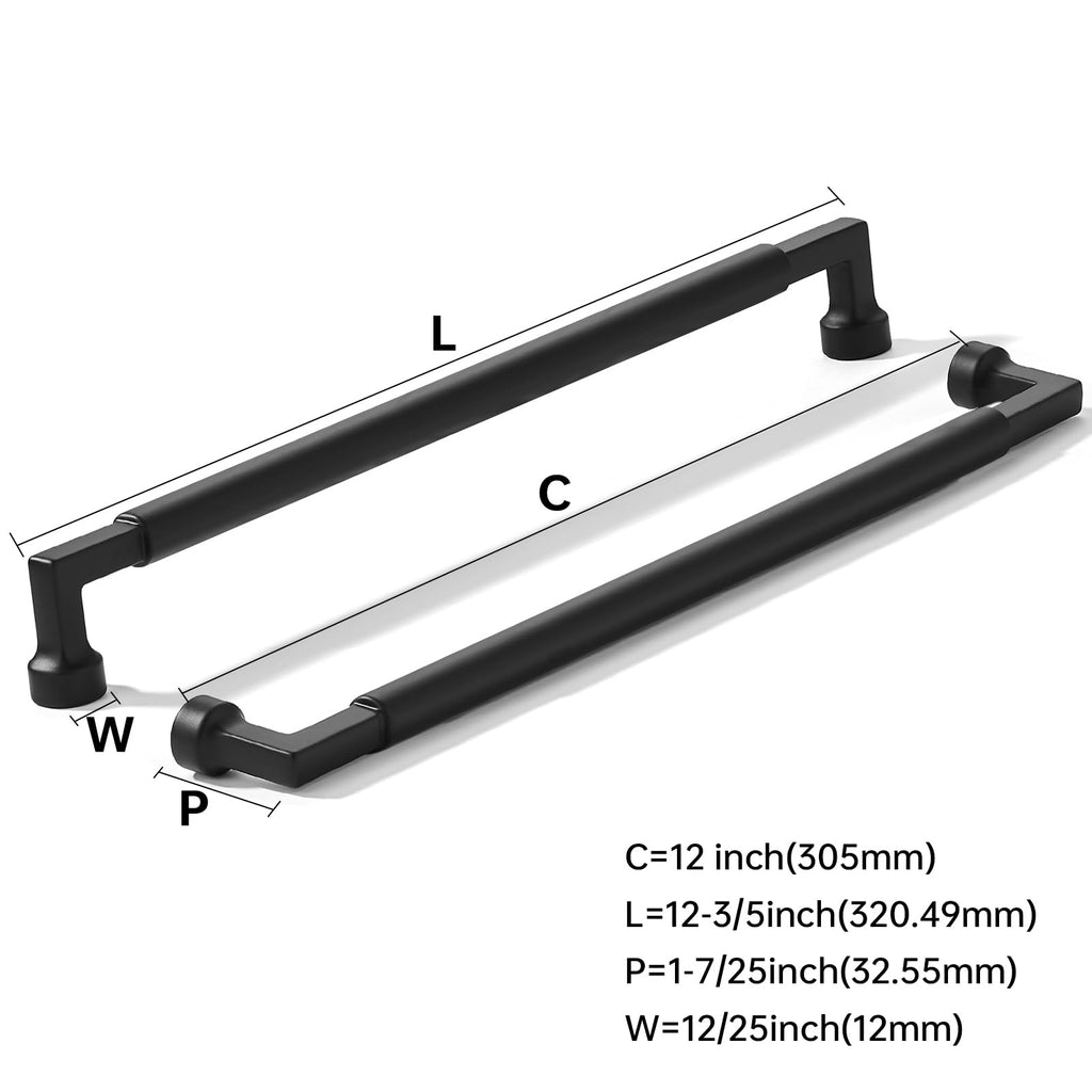 2-Pack 12-Inch(305mm) Black Cabinet Pulls,Heavy-Duty Solid Matte Black Handles Cabinets, Cupboards, Drawers and