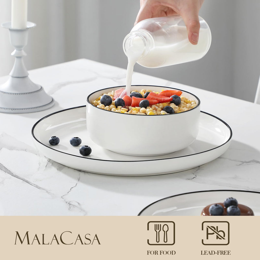 Plates and Bowls Sets, 12 Pieces Modern Porcelain Dinnerware Set for 4 White Kitchen Dinner Dining Ware Set wtih
