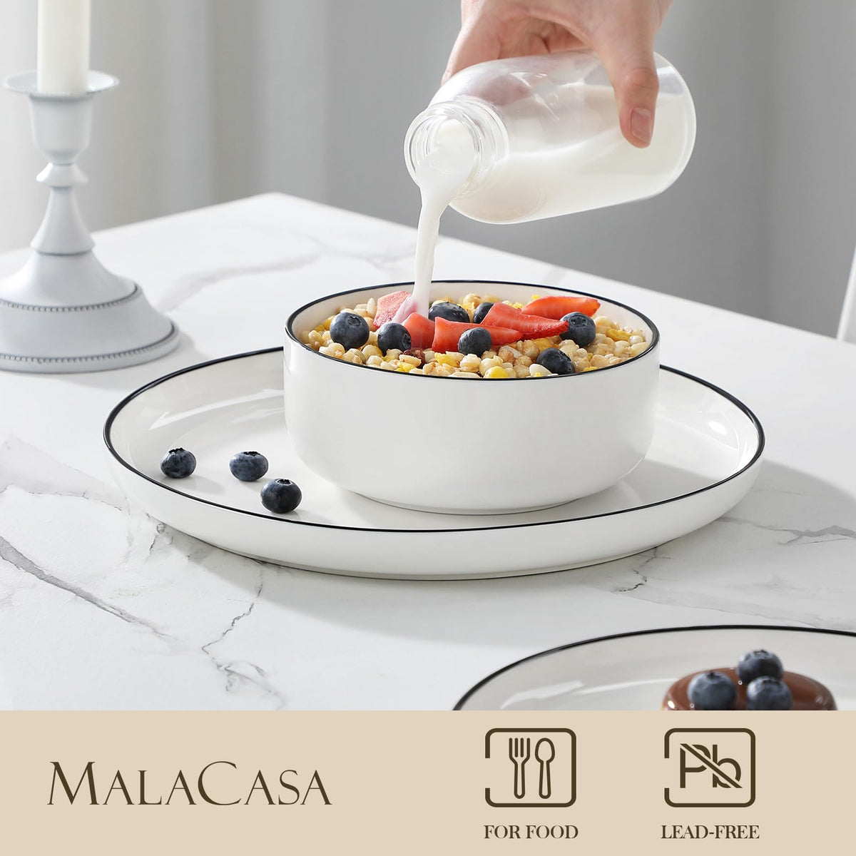 Plates and Bowls Sets, 12 Pieces Modern Porcelain Dinnerware Set for 4 White Kitchen Dinner Dining Ware Set wtih