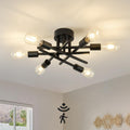 Semi Flush Mount Motion Sensor Ceiling Light Fixture, 6 Lights Black Vintage Matte Sputnik Chandelier Ceiling Lamp