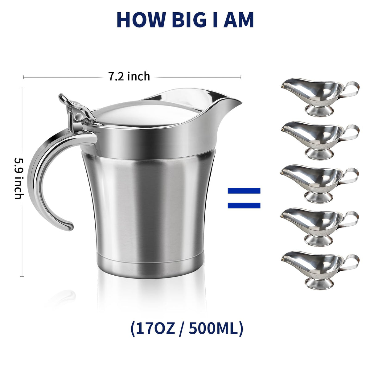 Gravy Boat Double Insulated Stainless Steel Sauce Jug with Hinged Lid for Thanksgiving Dinner - 17 oz