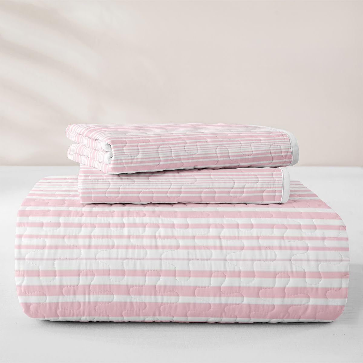 Pink Striped Quilt Set, Farmhouse Ticking Stripes Quilt Modern Geometric Lines Bedspread Coverlet with